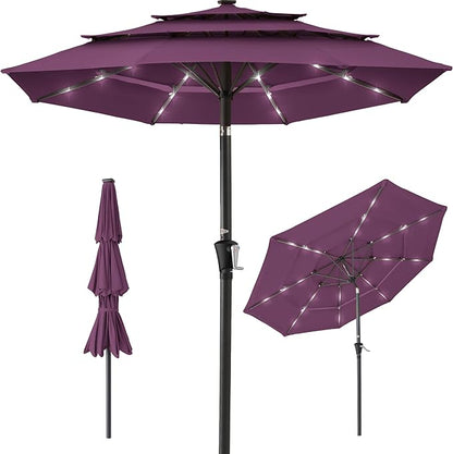 Best Choice Products 10ft 3-Tier Solar Patio Umbrella, Outdoor Market Sun Shade for Backyard, Deck, Poolside w/ 24 LED Lights, Tilt Adjustment, Easy Crank, 8 Ribs - Amethyst Purple