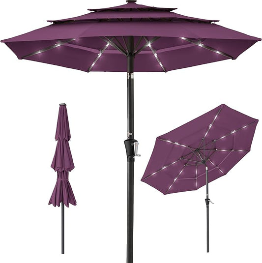 Best Choice Products 10ft 3-Tier Solar Patio Umbrella, Outdoor Market Sun Shade for Backyard, Deck, Poolside w/ 24 LED Lights, Tilt Adjustment, Easy Crank, 8 Ribs - Amethyst Purple