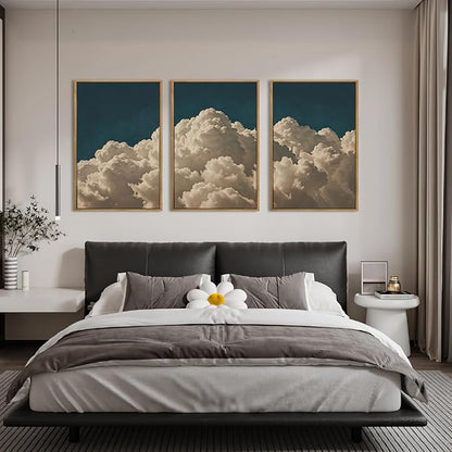 IARTTOP Extra Large Navy Blue Cloud Wall Art 24x36 Inch Framed Abstract Modern Landscape Canvas Wall Decor Minimalist Sky Painting Set of 3 for Bedroom Living Room Office