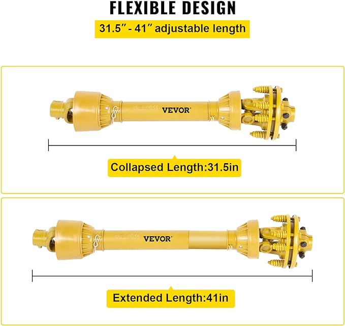 VEVOR PTO Shaft, 1-3/8" PTO Drive Shaft, 6 Spline Both Ends PTO Driveline Shaft, Series 4 Tractor PTO Shaft, 31.5"-41" Brush Hog PTO Shaft, Yellow PTO Shaft w/Slip Clutch for Bush Hog/Finish Mower