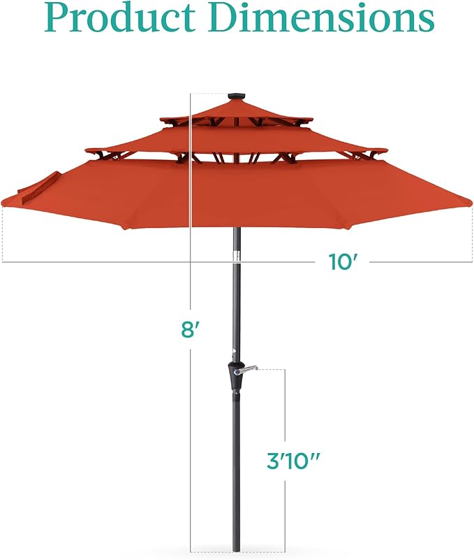Best Choice Products 10ft 3-Tier Solar Patio Umbrella, Outdoor Market Sun Shade for Backyard, Deck, Poolside w/ 24 LED Lights, Tilt Adjustment, Easy Crank, 8 Ribs - Rust