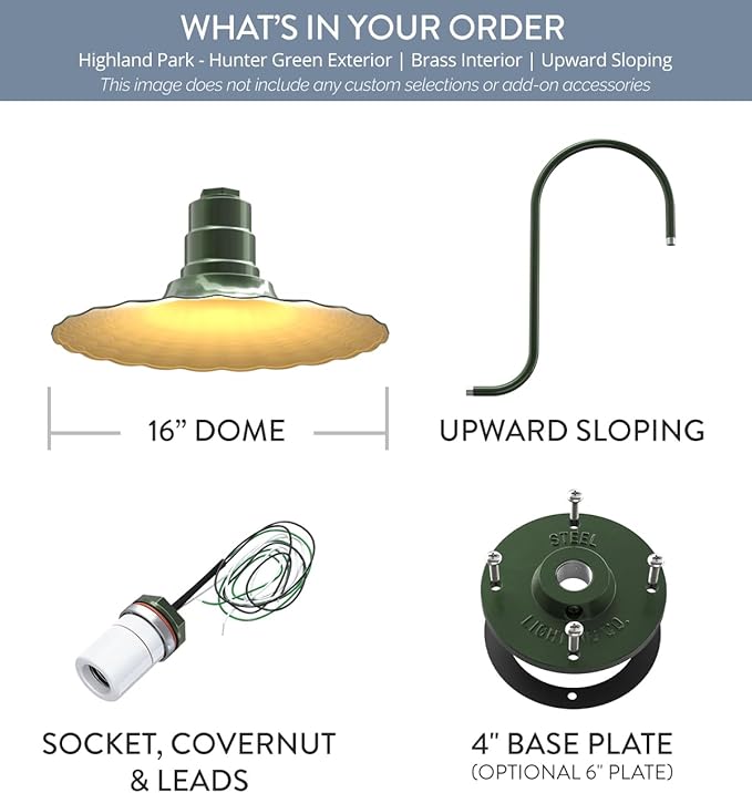 Steel Lighting Co. Highland Park Barn Light | Outdoor Wall Mounted | 16 inch Radial Wave | Upward Sloping Gooseneck | Vintage Style Made in America | Hunter Green Exterior/Brass Interior