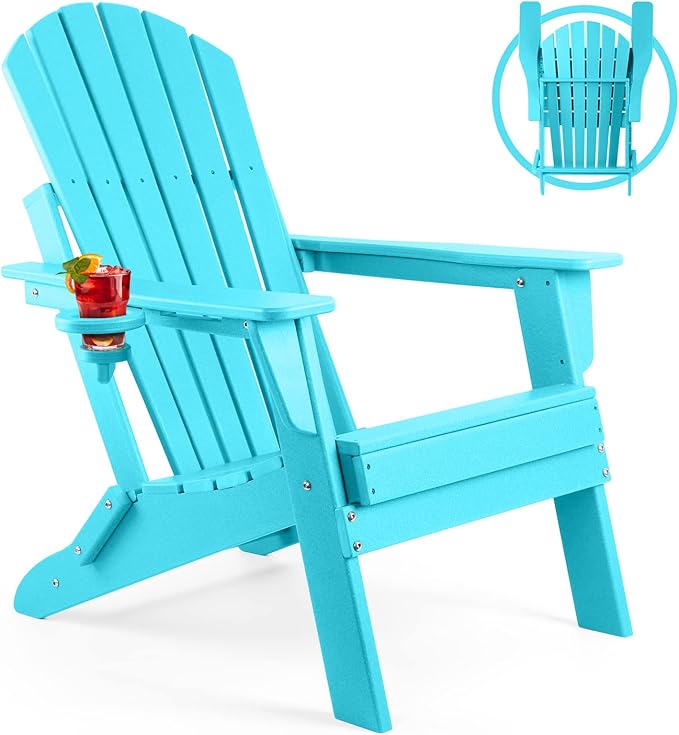 FUNBERRY Folding Adirondack Chair, All Weather HDPE Fire Pit Chairs with Cup Holder for Outdoor