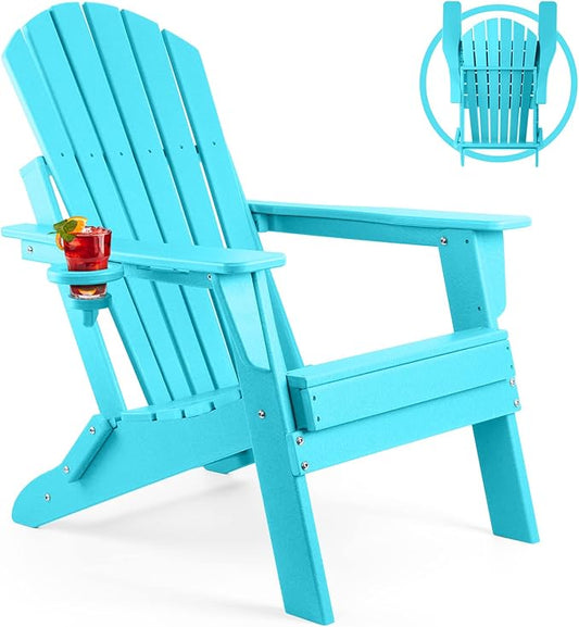 FUNBERRY Folding Adirondack Chair, All Weather HDPE Fire Pit Chairs with Cup Holder for Outdoor
