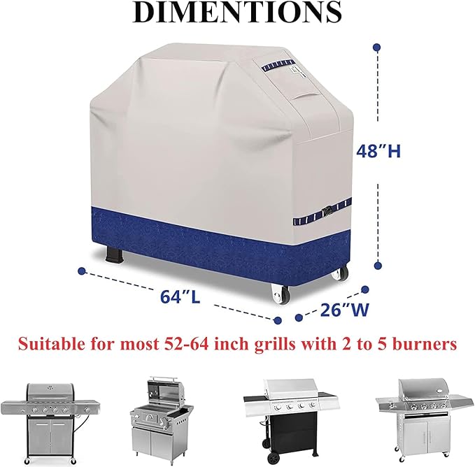 Grill Cover for Outdoor Grill 600D Heavy Duty 64Inch Waterproof,UV & Fade Resistant,BBQ Cover with Adjustable Straps,BBQ Grill Cover for Weber,Blackstone,Charbroil etc,Blue with Print