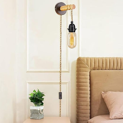 HESSION Rattan Wrapped Extension Hanging Lantern, Plug-in Pendant Light with Hemp Cord - 15ft, E26/E27 Compatible Vintage Fabric Lamp - Ideal for Rustic and Boho Style Decor