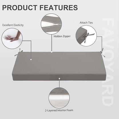 Favoyard Outdoor Bench Cushion 48 x 18 Inch Waterproof Patio Furniture Cushions 3-Year Color Fastness Garden Sofa Settee Couch Swing Pads with Handle and Attach Ties, Light Gray