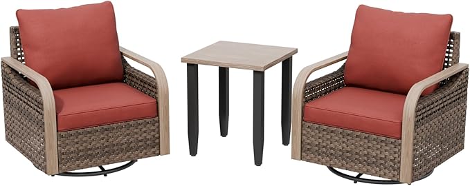 Modern Wicker Bistro Table and Chairs Set, Rattan Outdoor Bistro Set for Patio, Wicker Patio Chairs & Table, 3 Pieces, Brown/Red