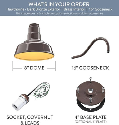 Steel Lighting Co. | Dusk to Dawn | Hawthorne Barn Light | Outdoor Wall Mounted | 8 in Dome | 16 inch Gooseneck| Small Farmhouse Light Made in America | Dark Bronze/Brass