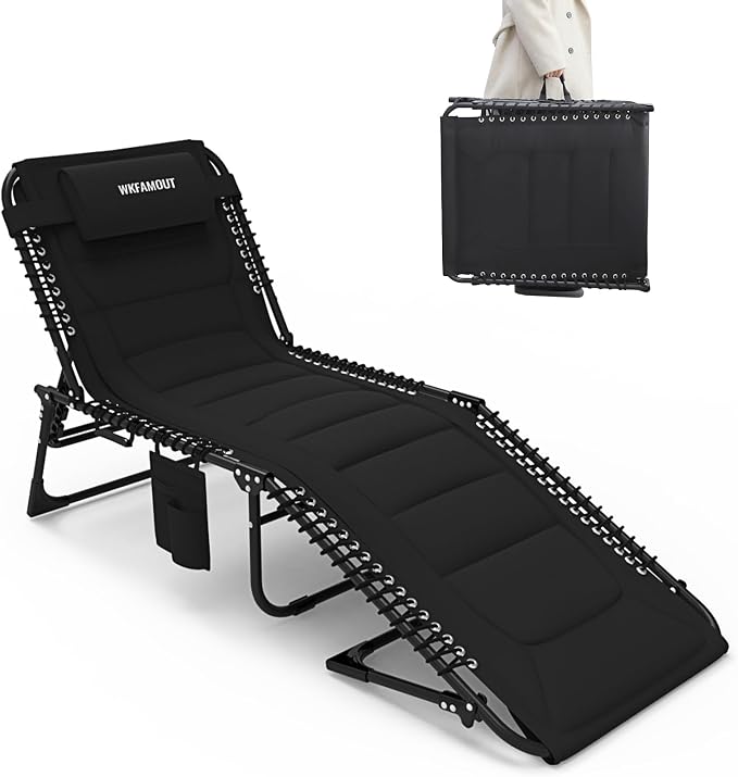 Oversized Padded Outdoor Folding Lounge Chair for Adults 330Ibs Patio Chaise Lounge Chair for Outside 5-Position Adjustable Reclining Beach Chair with Pillow Pocket