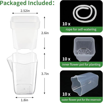 10 Pack 2.5" Self Watering Pots for Indoor Plants, Mini Clear Plastic Planters Water Level Indicator, with Drainage Holes, Cuttings, Seedlings, Herbs, African Violets