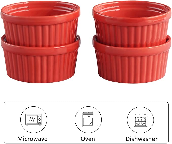 Cinf Porcelain Ramekin Red 10 oz Pudding Bowls Dishes Cup for Baking- Set of 4,Souffle Cups Dishes, Creme Brulee, Custard Cups, Desserts, Oven, Microwave, Freezer and Dishwasher Safe