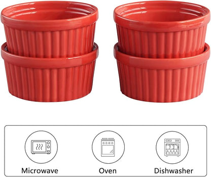 Cinf Porcelain Ramekin Red 10 oz Pudding Bowls Dishes Cup for Baking- Set of 4,Souffle Cups Dishes, Creme Brulee, Custard Cups, Desserts, Oven, Microwave, Freezer and Dishwasher Safe