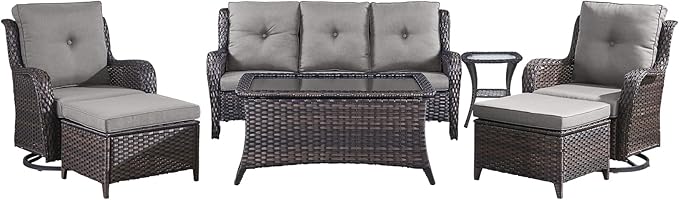 Wicker Patio Furniture-7 Pieces Rattan Patio Furniture Set Outdoor Patio Couch with Swivel Patio Chairs Ottomans and Coffee Table for Deck Poolside Backyard-Brown/Grey