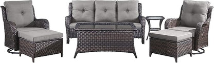 Wicker Patio Furniture-7 Pieces Rattan Patio Furniture Set Outdoor Patio Couch with Swivel Patio Chairs Ottomans and Coffee Table for Deck Poolside Backyard-Brown/Grey