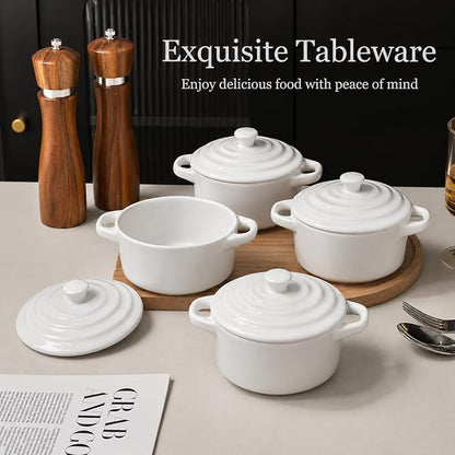Mini Dutch Oven Set of 4, 14 oz Ceramic Mini Dutch Ovens with Lids and Handles, Ramekins with Lids for French Onion Soup, Pot Pies, Soufflés and Baked Desserts, Oven Safe, Microwave and Dishwasher Safe, Mini Cocotte