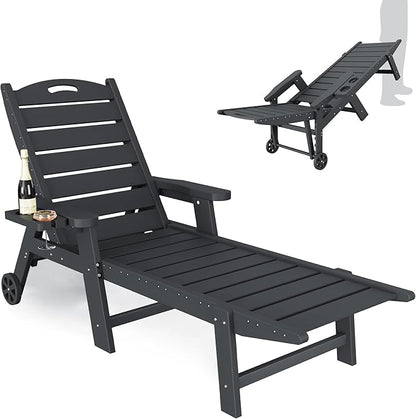 UDPATIO HDPE Outdoor Chaise Lounge Chair with Wheels Heavy-Duty Patio Recliner with Cup Holder, 5-Position Adjustable Backrest for Poolside, Beach, Garden, Deck or Indoor – Clear