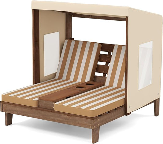 COSTWAY Kids Double Chaise Lounge Outdoor, 2-Seat Patio Lounge Chair with Cup Holders & Cushions, Kids Pool Lounger with Canopy, Wood Patio Furniture for Children Boys Girls 3 Years Old (Beige)