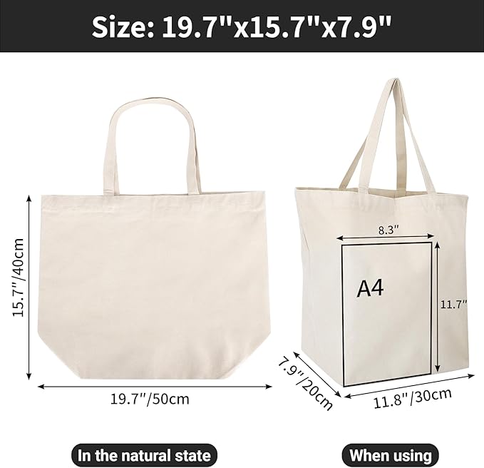 Segarty Canvas Tote Bag with Zipper, 12 PACK 19.7 x 15.7 inch Bags with Handles, 12 Oz Thick Reusable Washable Grocery Shopping Plain Totes for Teacher DIY Art Crafts Painting Decoration