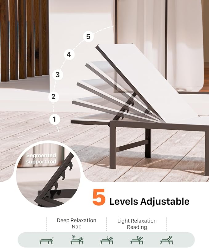 Patio Lounge Chair, Aluminum, 5 Adjustable Backrest, 1 Piece,White | Lightweight rustproof aluminum.5 adjustable backrest positions.Breathable quick-dry fabric.For poolside,beach,lawn,backyard.
