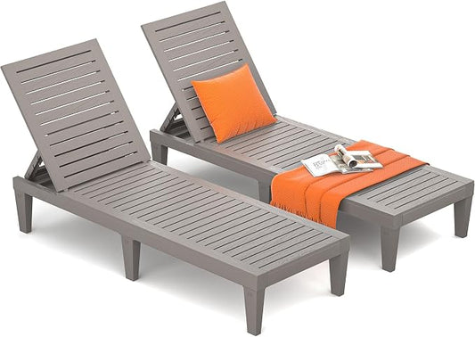 Outdoor Lounge Chairs Set of 2 for Poolside Patio, Weather-Resistant Pool Chaise Lounge with Adjustable Backrest, Resin Tanning Chair Sun Lounger for Outside Deck, Beach, Sunbathing, Taupe