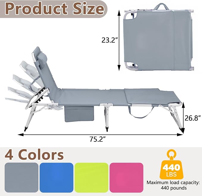 3-in-1 Heavy Duty Tanning Chair with Face Hole Adjustable 5-Position Folding Chaise Lounge Chairs Portable Lay Flat Beach Lounge Chair for Outdoor Sunbathing Patio Pool Lawn Camping Deck (Gray)