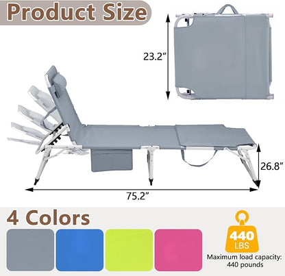 3-in-1 Heavy Duty Tanning Chair with Face Hole Adjustable 5-Position Folding Chaise Lounge Chairs Portable Lay Flat Beach Lounge Chair for Outdoor Sunbathing Patio Pool Lawn Camping Deck (Gray)