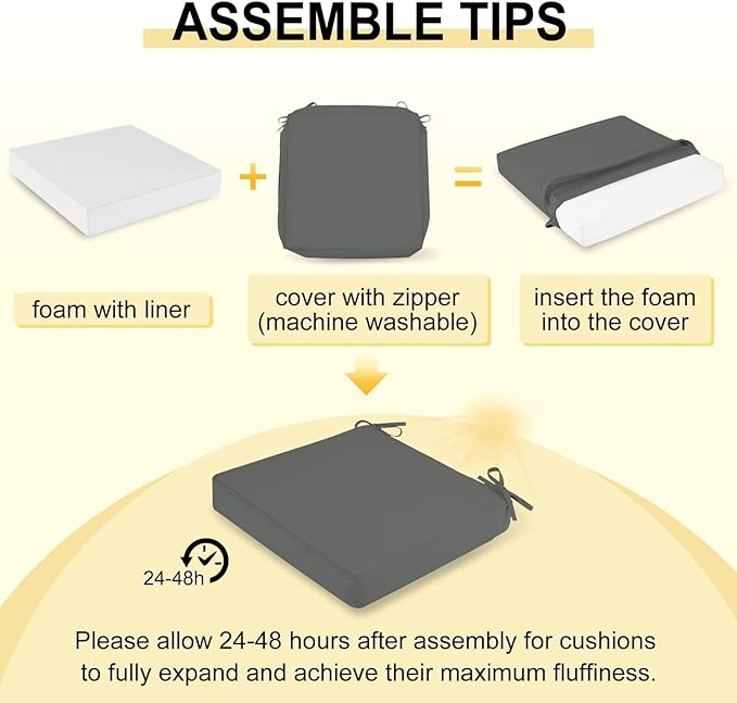 downluxe Outdoor Chair Cushions for Patio Furniture, Waterproof Square Corner Memory Foam Patio Chair Cushion with Adjustable Ties and Portable Handle, 19" x 19" x 3", Dark Grey, 2 Pack