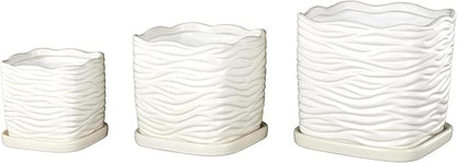Deco 79 Ceramic Indoor Outdoor Planter Wavy Ribbed Large Planter Pot with Attached Saucer, Set of 3 Planters 7",6",5" H, White