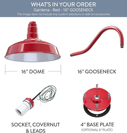 Steel Lighting Co. Gardena Barn Light | Outdoor Wall Mounted | 16" Dome | 16" Gooseneck | Farmhouse Light Made in America | Red Exterior/White Interior