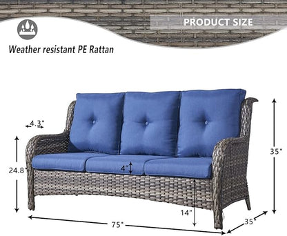 HUMMUH Outdoor Furniture 6 Pieces Patio Furniture Set Wicker Outdoor Sectional Sofa with 2 Patio Chairs,Ottomans,Coffee Table(Grey/Blue)