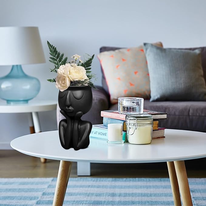 Simple and Creative Decorative Flower Pots, Resin Face Planter Pots, Vase for Small Succulent, Flower Pot Pencil Pen Holder, Minimalist Decorative, Modern Vases for Home Office Shelf Decor (Black)
