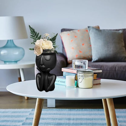 Simple and Creative Decorative Flower Pots, Resin Face Planter Pots, Vase for Small Succulent, Flower Pot Pencil Pen Holder, Minimalist Decorative, Modern Vases for Home Office Shelf Decor (Black)