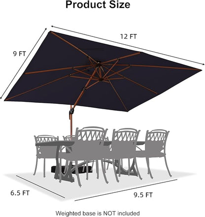 PURPLE LEAF 9' X 12' Double Top Deluxe Wood Pattern Rectangle Patio Umbrella Offset Hanging Umbrella Outdoor Market Umbrella Garden Umbrella, Navy Blue