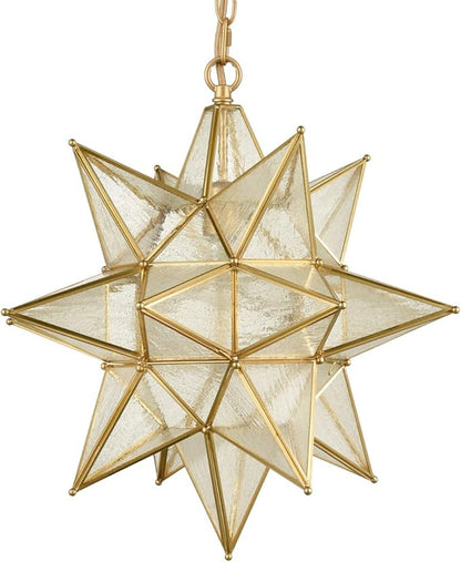 DIRYZON Moravian Star Pendant Light 20-Inch Large Hanging Ceiling Light Modern Gold Finish with Seeded Glass Adjustable Chain