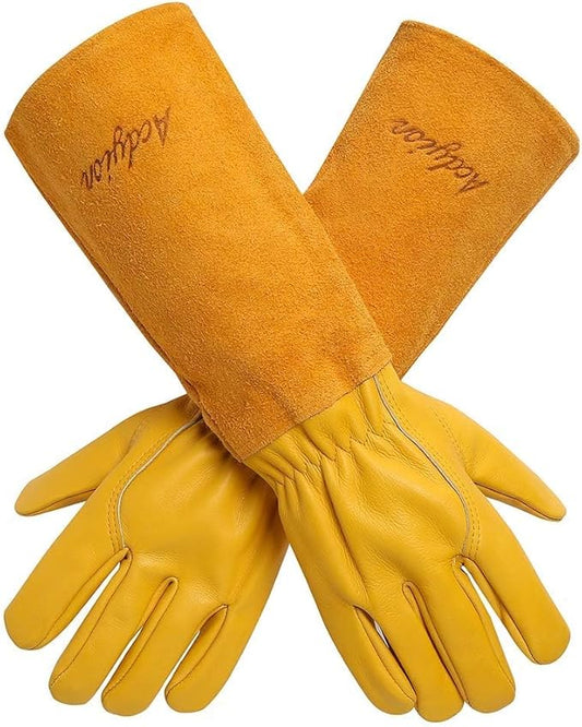 Acdyion Thorn Proof Gardening Gloves for Men & Women, Long Cowhide Leather Rose Pruning Gloves with Forearm Protection, Puncture Resistant Gauntlets for Cacti, Blackberries & Yard Work(yellow,X-Large)