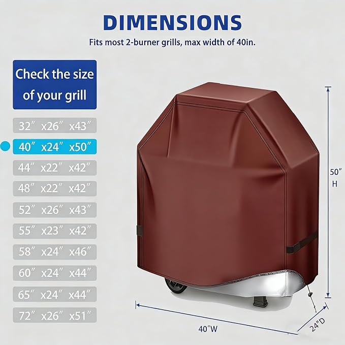 BBQ Gas Grill Cover for Outdoor, Anti-UV, Rip-Proof, 600D Oxford Fade Resistant Material, Barbecue Cover with Hook and Loop Straps & Adjustable Hem Drawstring (Reddish Brown, 40”x24”x50”)