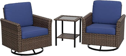Canyon Ridge 3 Piece Outdoor Patio Bistro Set with Swivel Rocking Chairs and Side Table, Outdoor Furniture Set, Brown/Blue