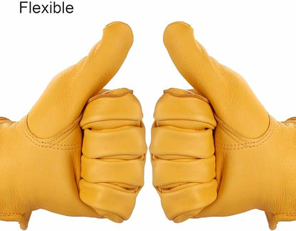 OZERO Leather Work Gloves: Mens Deerskin Gloves Soft Breathable Abrasion Resistant Gardening Firewood Glove - for Driving Riding Yardwork Ranch Farm Hunting Garage DIY for Men & Women (Gold,S)