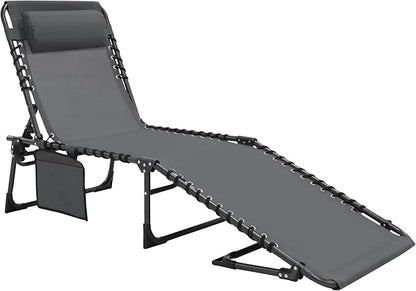 MUPATER 4-Fold Patio Chaise Lounge Chair for Outdoor with Detachable Pocket and Pillow, Portable Sun Lounger Recliner for Beach, Camping and Pool, Grey