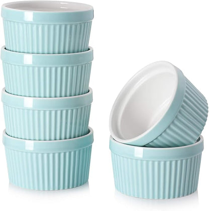 DOWAN 8 oz Ramekins for Creme Brulee, Porcelain Ramekin Oven Safe, Classic Style Ramekins for Baking Souffle Dishes Small Bowls, Set of 6, Blue