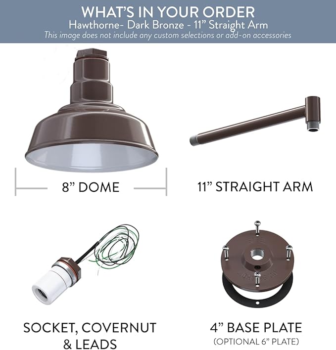 Steel Lighting Co. | Dusk to Dawn | Hawthorne Barn Light | Outdoor Wall Mounted | 8 in Dome | 11 inch Straight Arm| Small Farmhouse Light Made in America | Dark Bronze Exterior/White Interior
