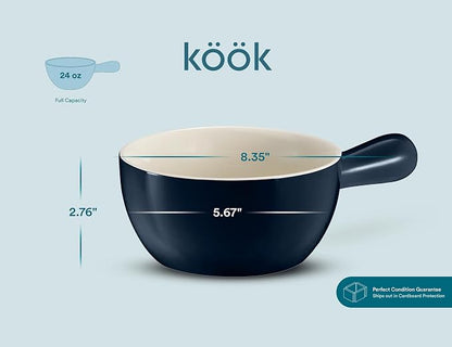 KooK French Onion Soup Crocks, Stackable Ceramic Bowls with Handles, Oven, Microwave and Dishwasher Safe, for Cereal, Soups, Casseroles, with Handle, Stoneware, 24 oz, Set of 4, Navy