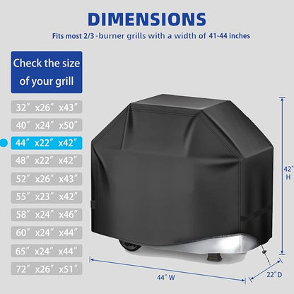 BBQ Gas Grill Cover for Outdoor, Anti-UV, Rip-Proof, 600D Oxford Fade Resistant Material, Barbecue Cover with Hook and Loop Straps & Adjustable Hem Drawstring (Black, 44”x22”x42”)