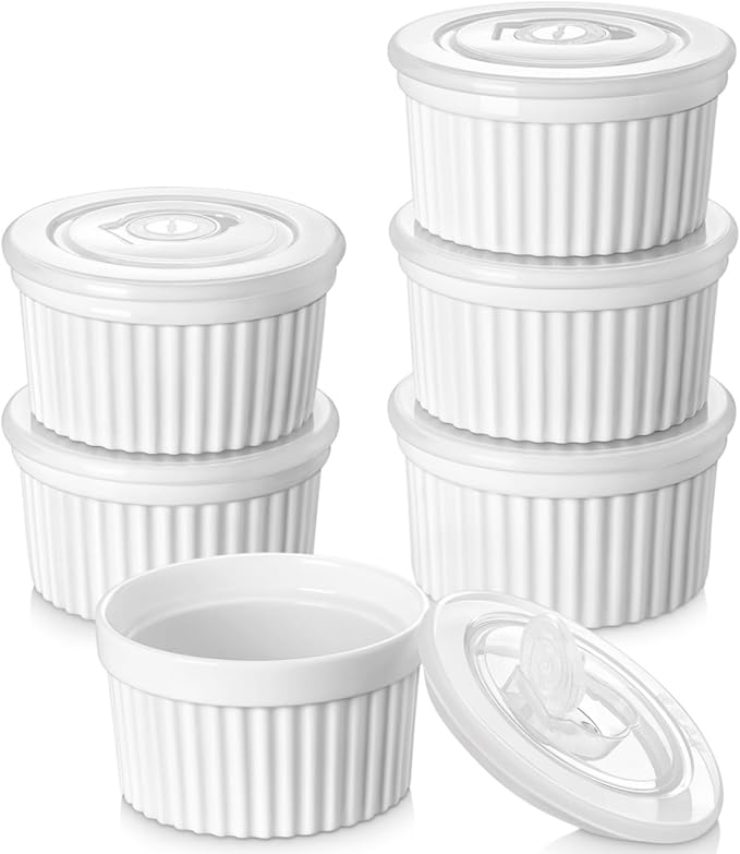 vancasso 10 oz Ramekins with Lid, Porcelain Creme Brulee Souffle Dishes, White Pudding Custard Cups Ramiken for Baking, Dishwasher and Oven Safe, Set of 6