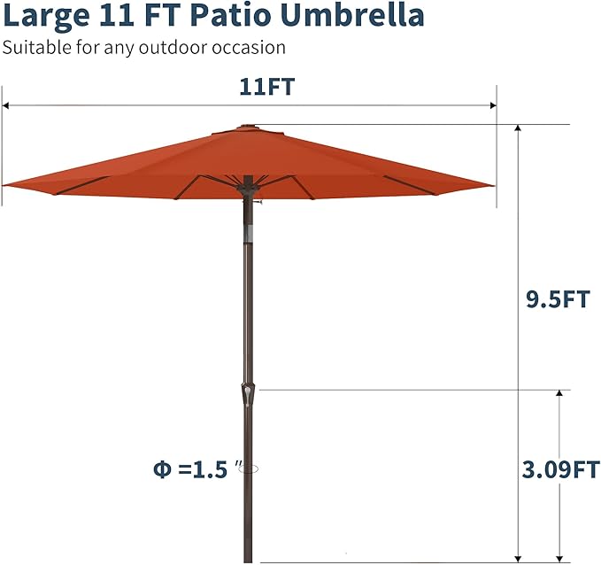 PatioKingdom 11FT Patio Umbrella,Outdoor Umbrella with Push Button Tilt and Crank,Market Table Umbrella with 8 Sturdy Fiberglass Ribs UV Protection(Orange, 11FT)