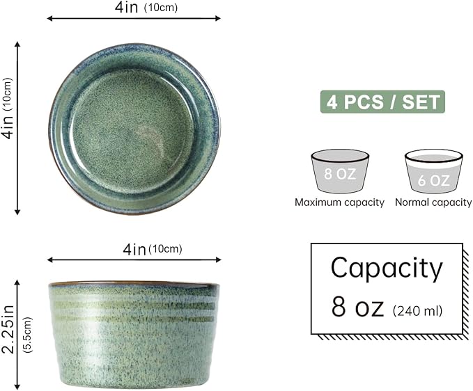 Ramekin Set, UNICASA 8 oz Creme Brulee Ramekins, Oven Safe Baking Set for Custard, Pudding, Souffle Cups, Reactive Gray (Green, 8oz x 4pc)