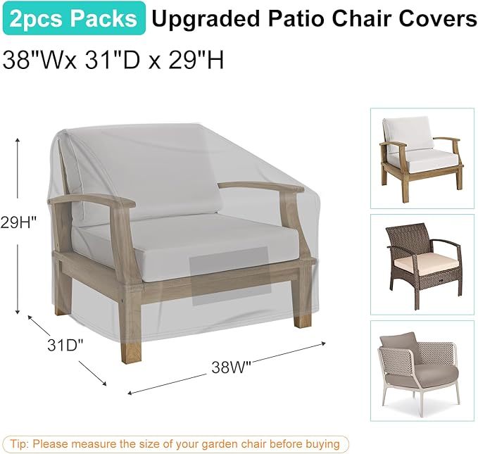 Patio Chair Covers for Outdoor Furniture Waterproof 2 Pack, Lawn Chair Covers 600D Heavy Duty Oxford Cloth, Large Covers for Lounge Lawn Deep Seat 38" W x 31" D x 29" H-Gray