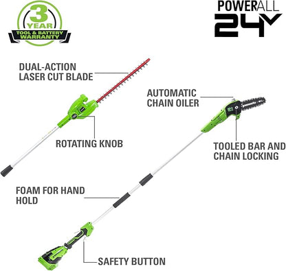 Greenworks 24V 8" Cordless Polesaw + 20" Pole Hedge Trimmer Combo (Great For Pruning and Trimming Branches / Shrubs), 2.0Ah Battery and Charger Included