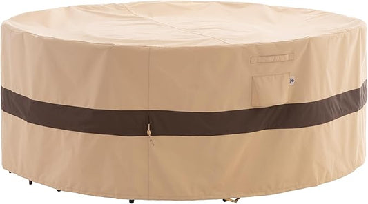 WJ-X3 Round Patio Furniture Cover, 110" D x 31" H, Waterproof, UV Resistant, Anti-Fading Outdoor Cover for Round Dining Table and Chairs Set, Beige & Coffee